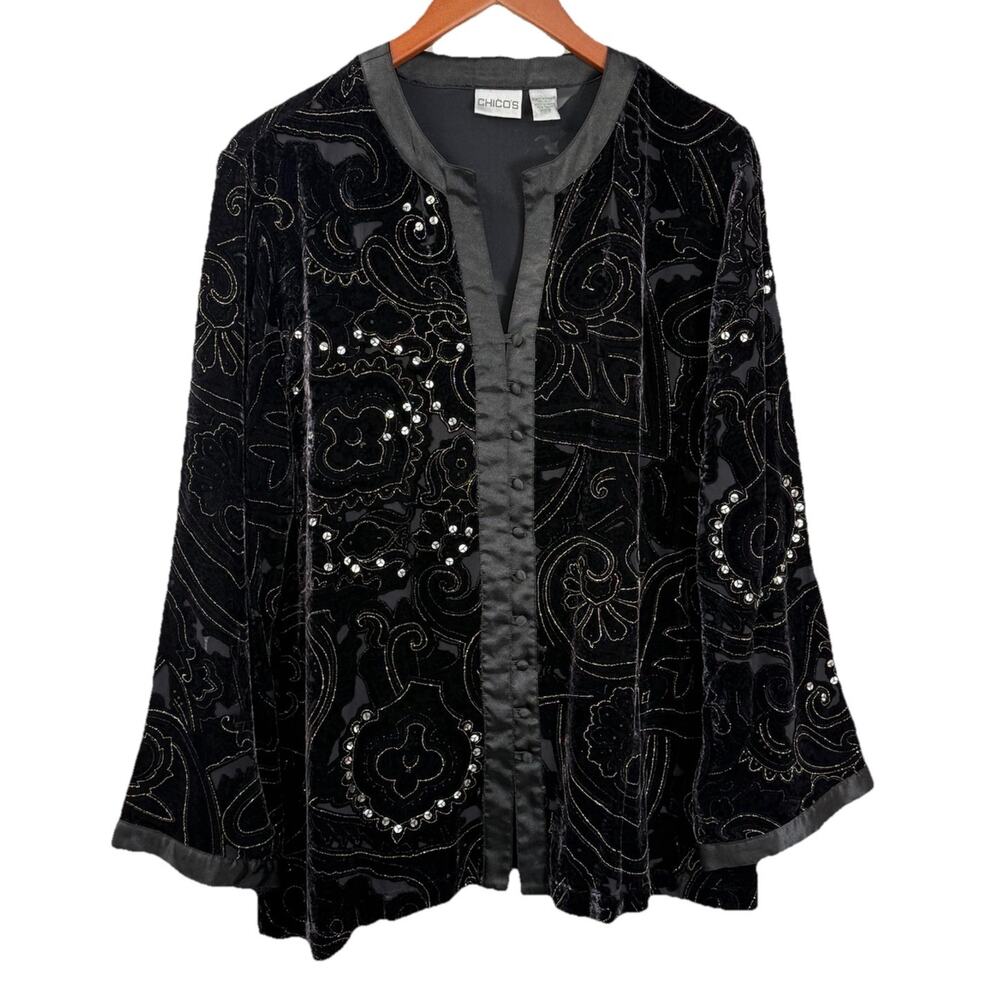 Chico’s Black Velvet Embellished Blouse Size 2 Silk Rayon Beaded Button Front